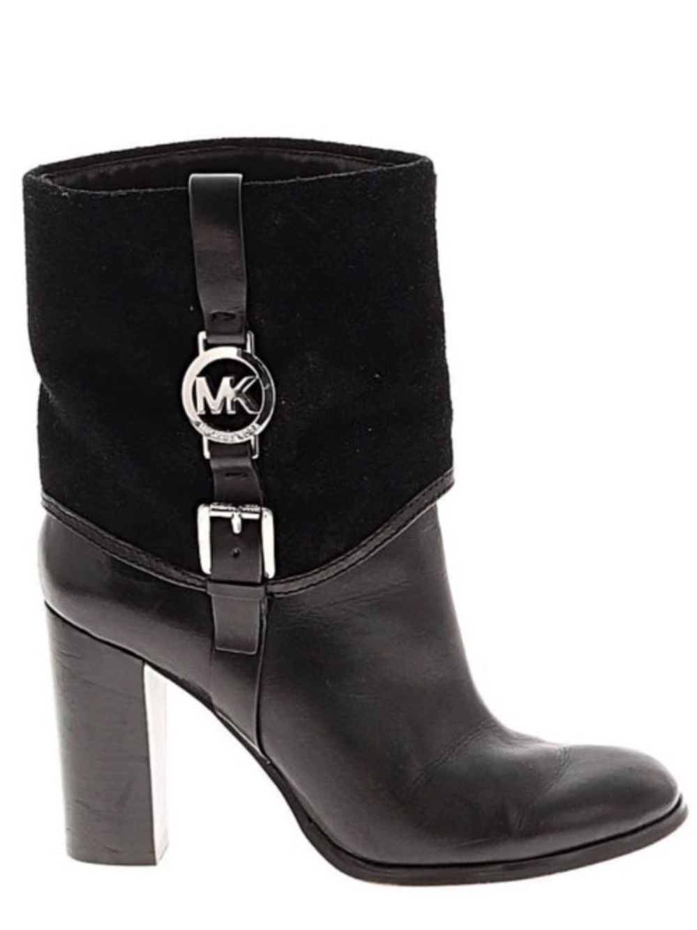 Michael Kors Black Leather & Suede Block Heel Ankle Boot
